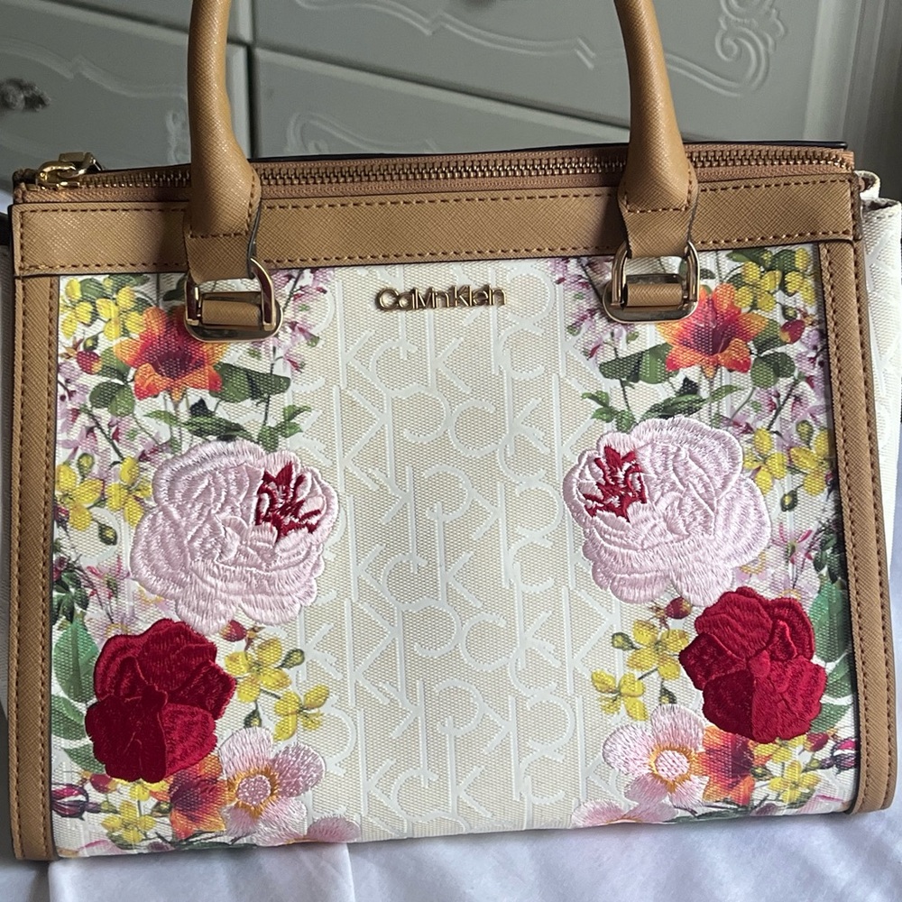Calvin Klein Floral Embroidered Tan Bag